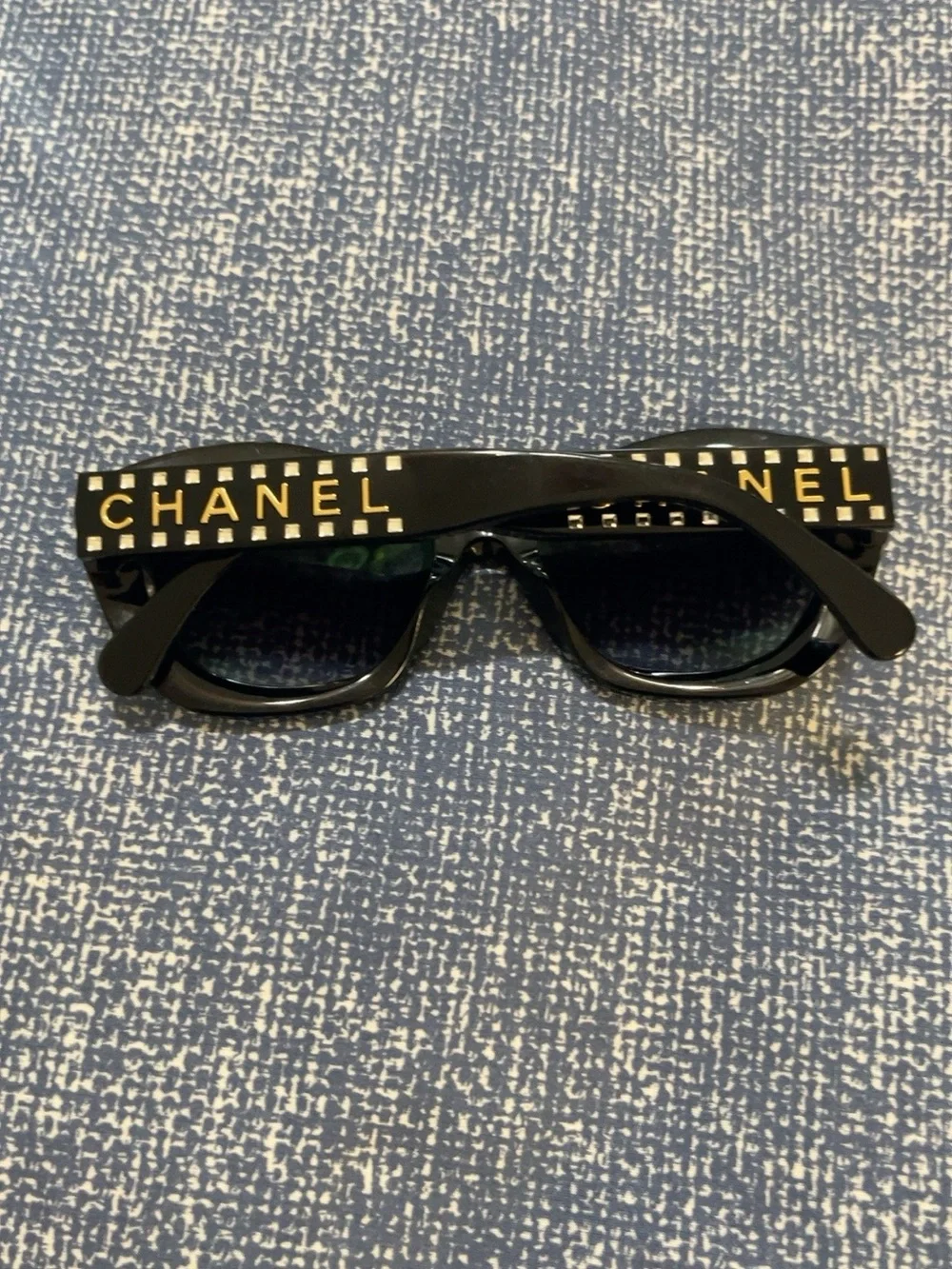 Authentic CHANEL 71668A Crystal Logo Cat Eye Sunglasses Black Gold